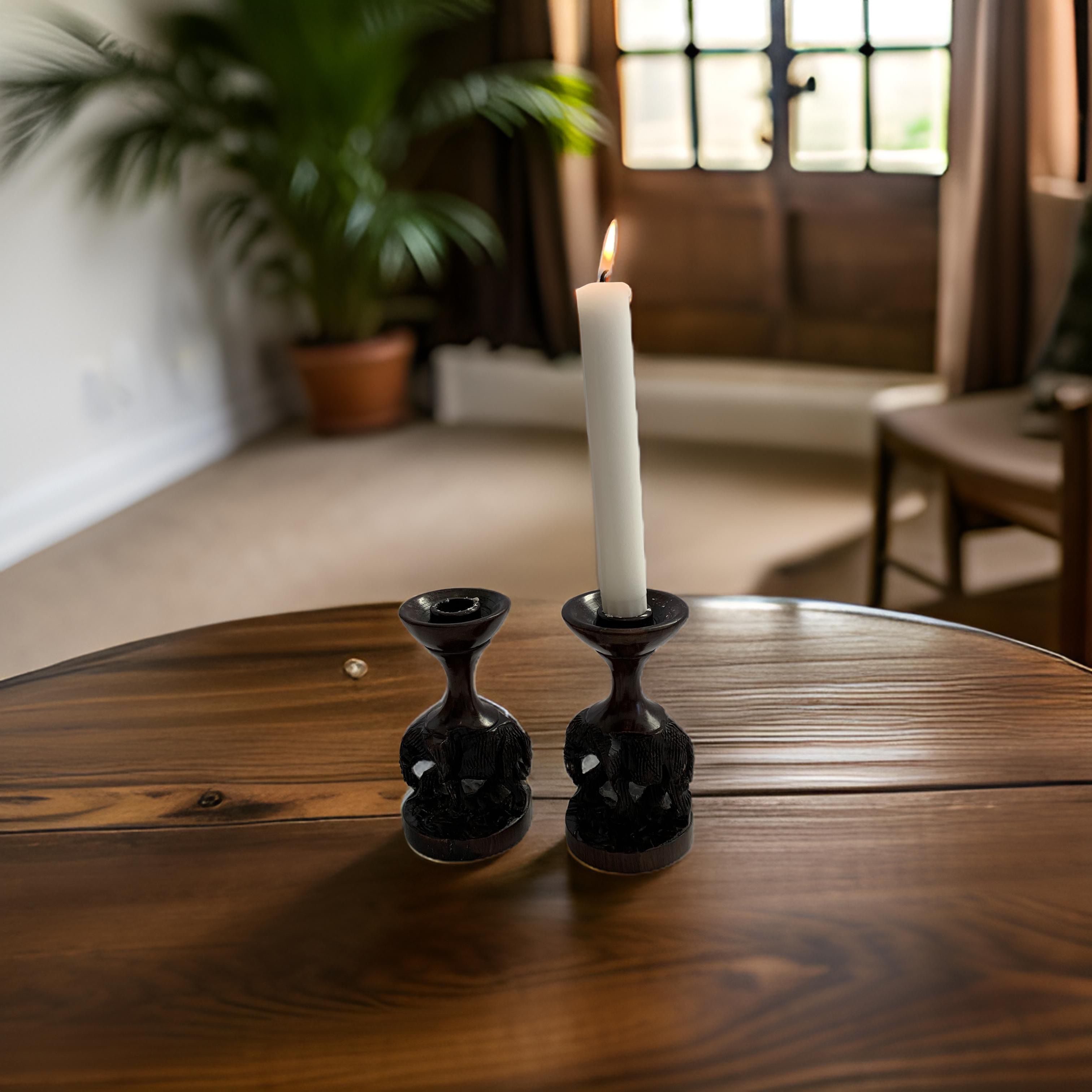 Hand-Carved African Elephant Candle Holders – Ebony Hardwood (Set of Two Sizes)