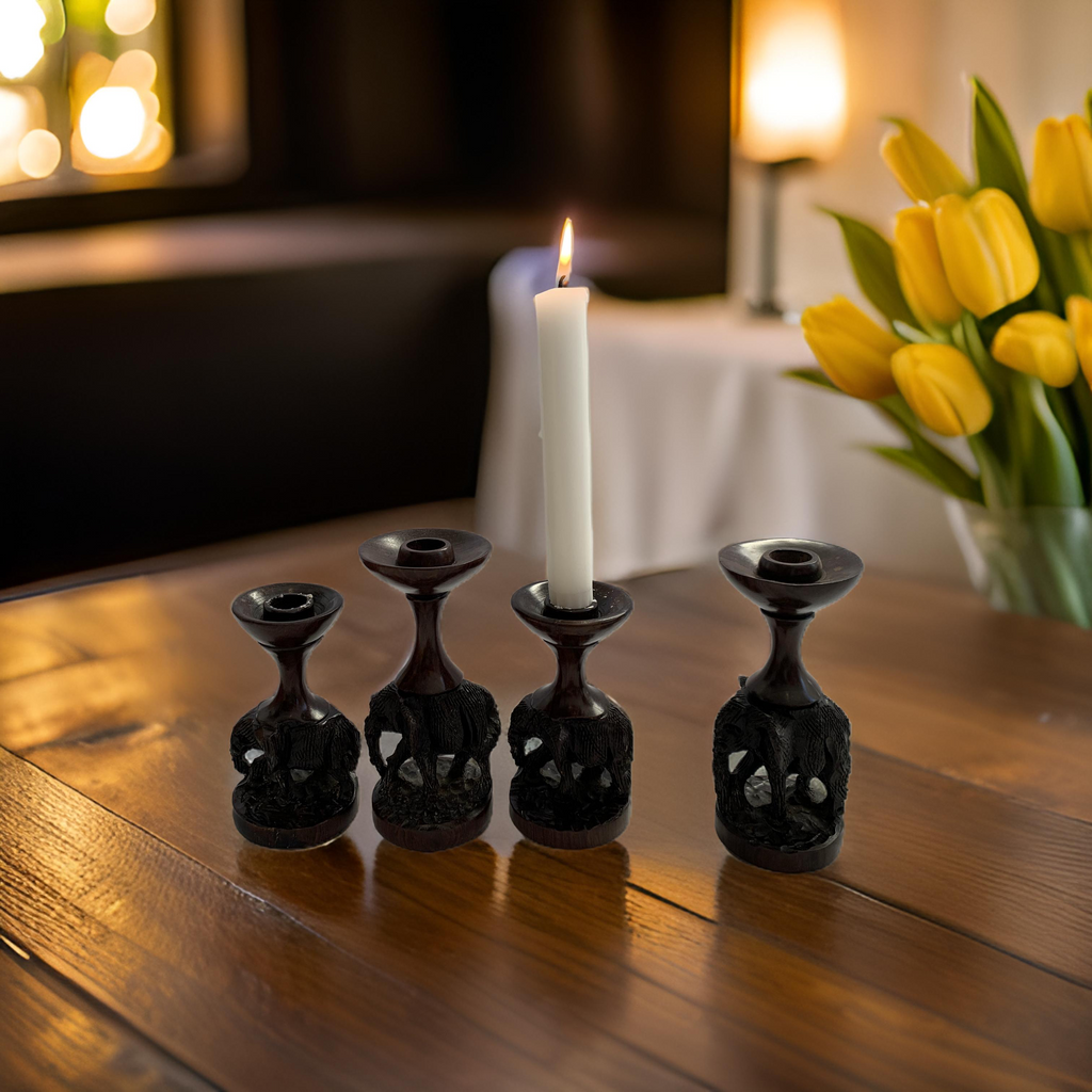 Hand-Carved African Elephant Candle Holders – Ebony Hardwood (Set of Two Sizes)