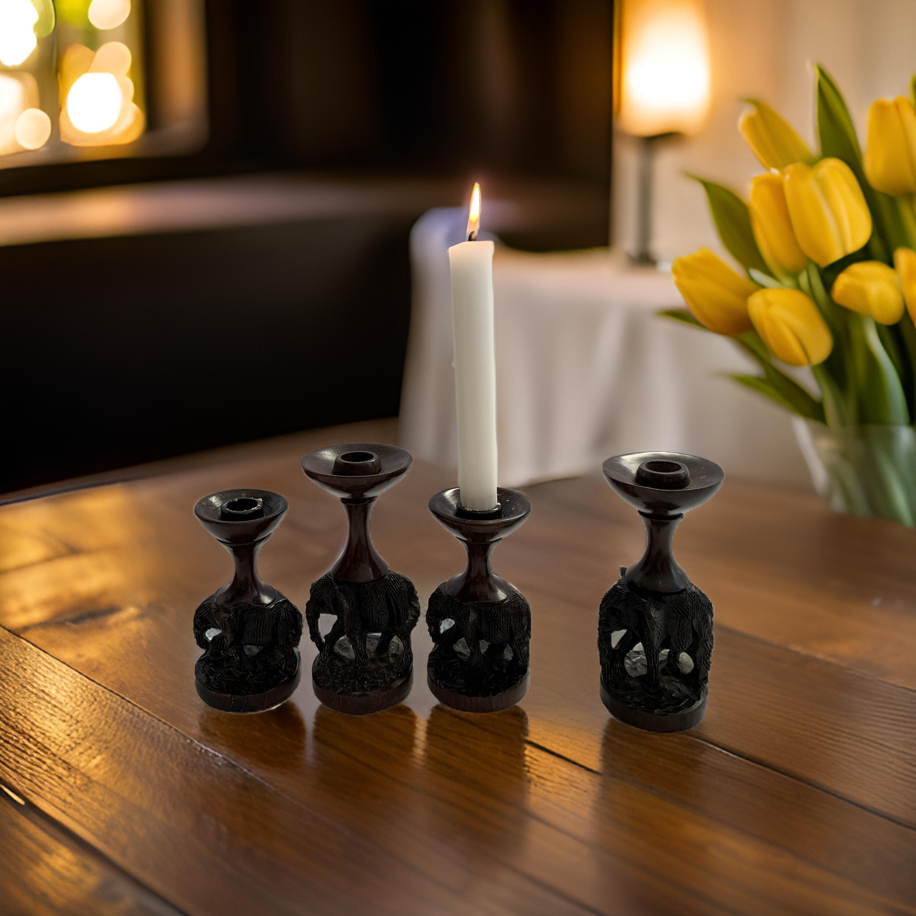 Hand-Carved African Elephant Candle Holders – Ebony Hardwood (Set of Two Sizes)