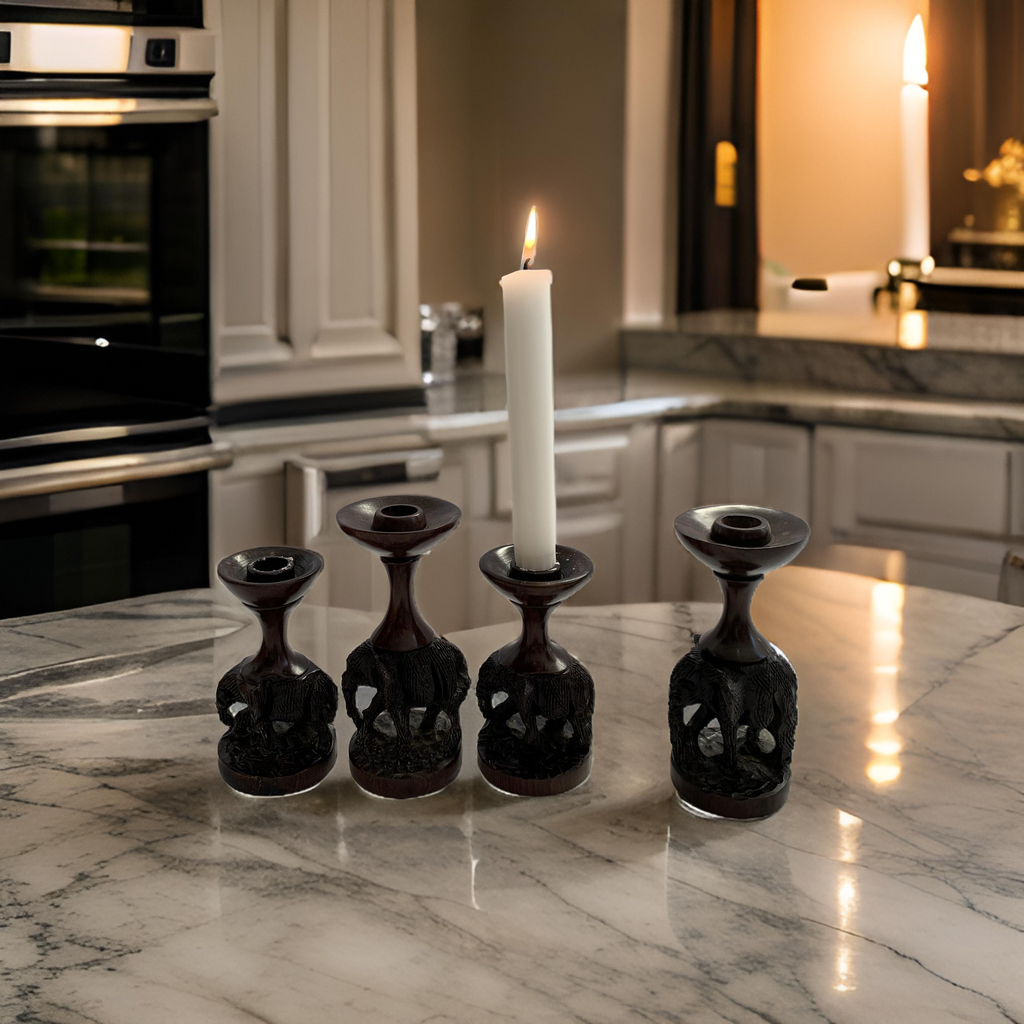 Hand-Carved African Elephant Candle Holders – Ebony Hardwood (Set of Two Sizes)