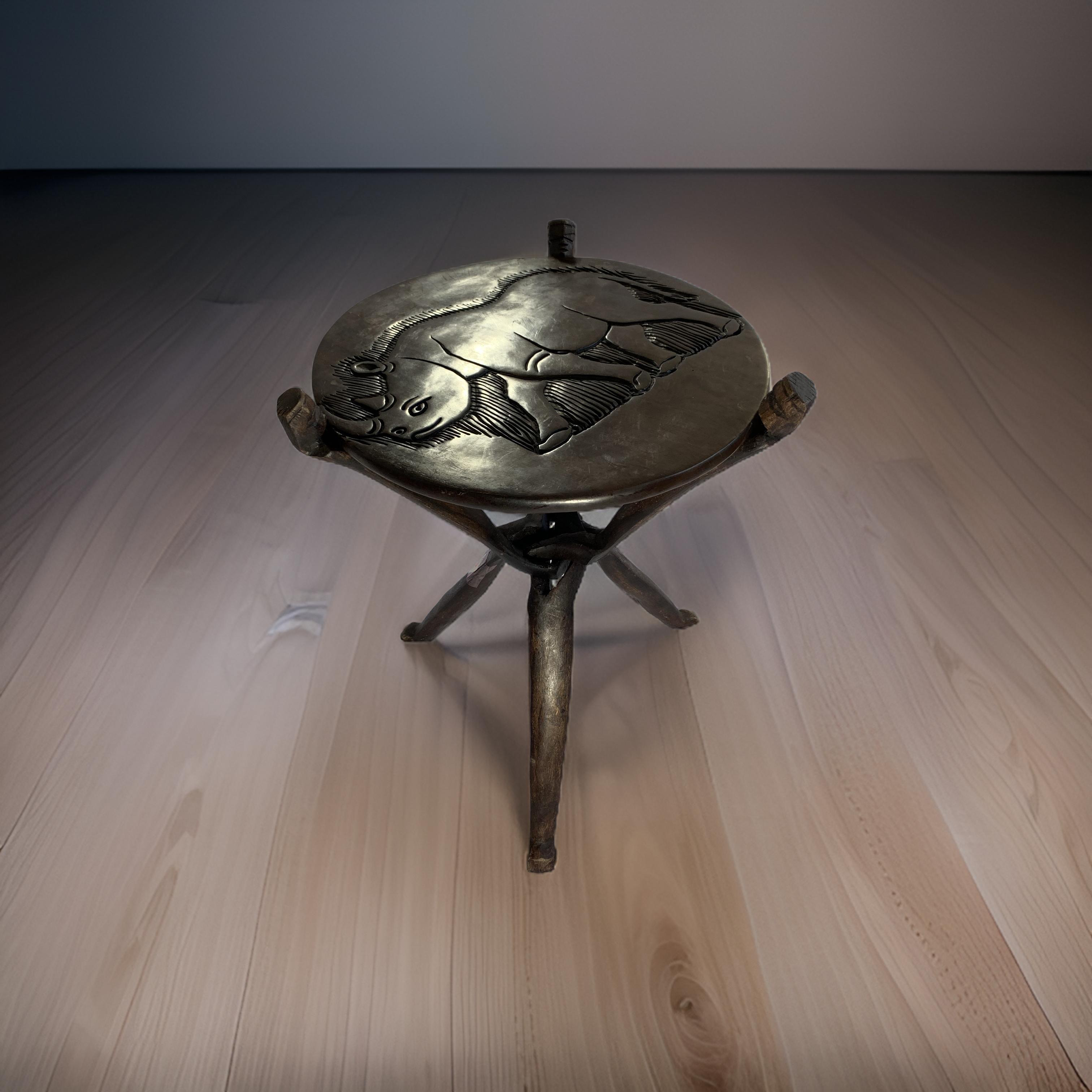 Hand-Carved African Hardwood foldable Side Table