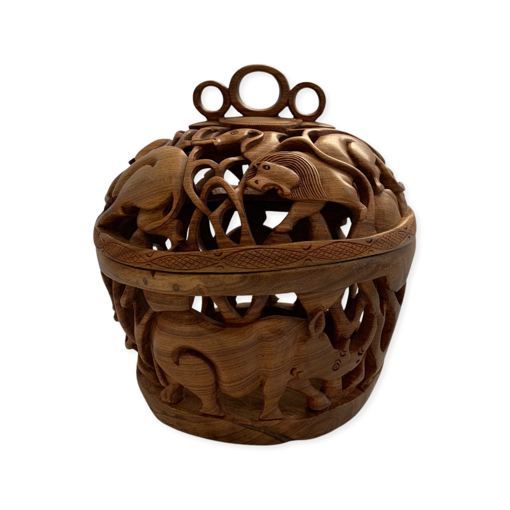 Hand-carved round wooden fruit bowl