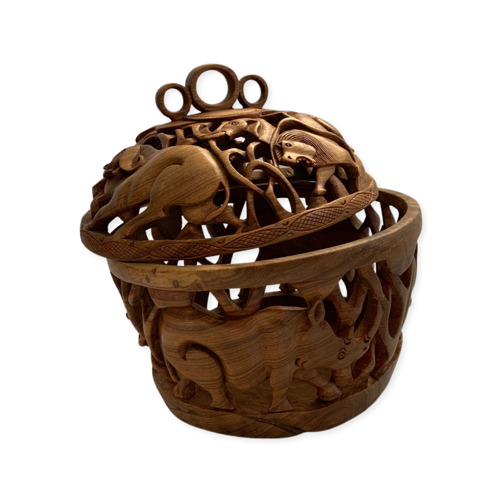 Hand-carved round wooden fruit bowl